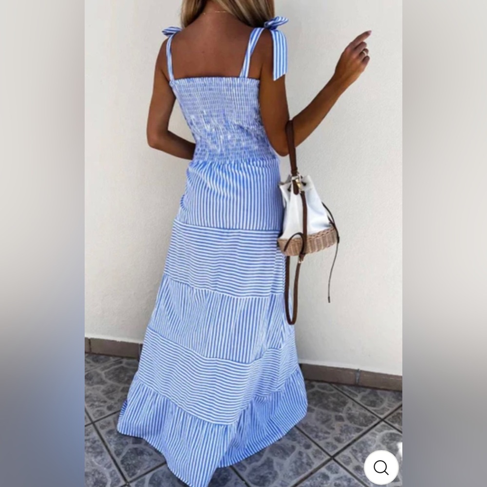 MARTINE Shirred Striped Maxi Dress - BLUE NWT - Picture 6 of 10